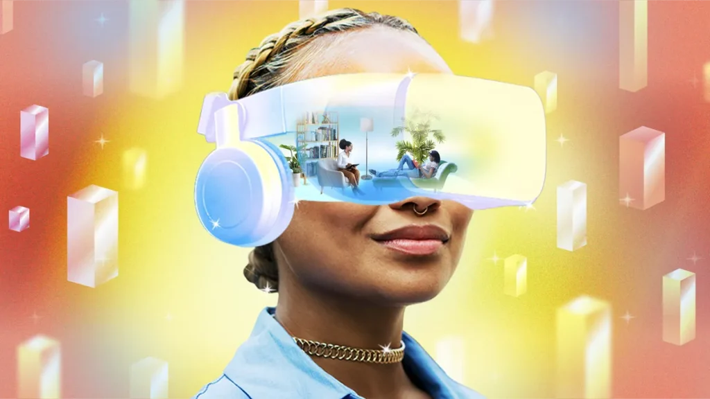 Hyper-stylized image of woman using virtual reality headset during therapy session